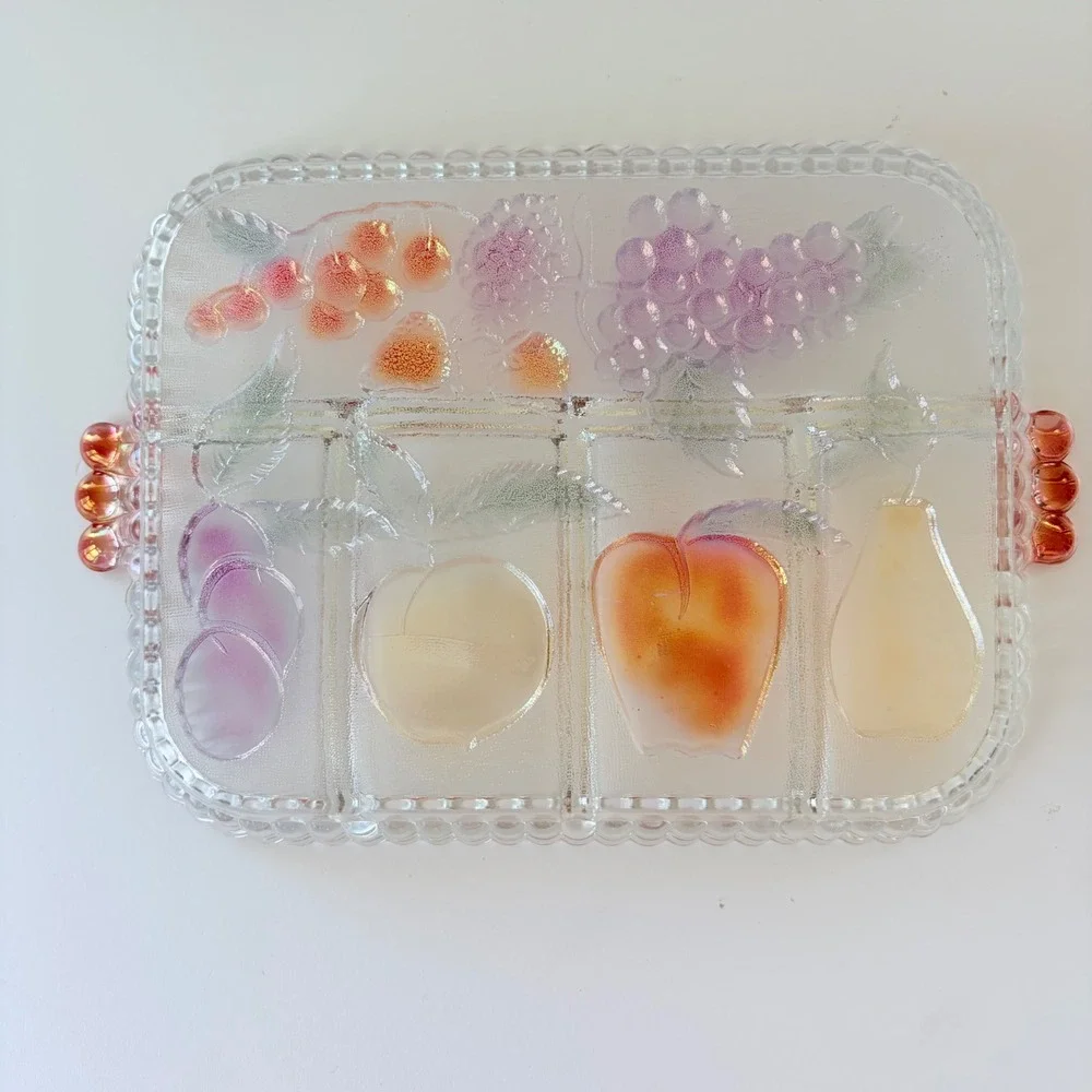 Vintage Iridescent Glass Fruit Divided Serving Tray Scalloped Edge Pink Handles